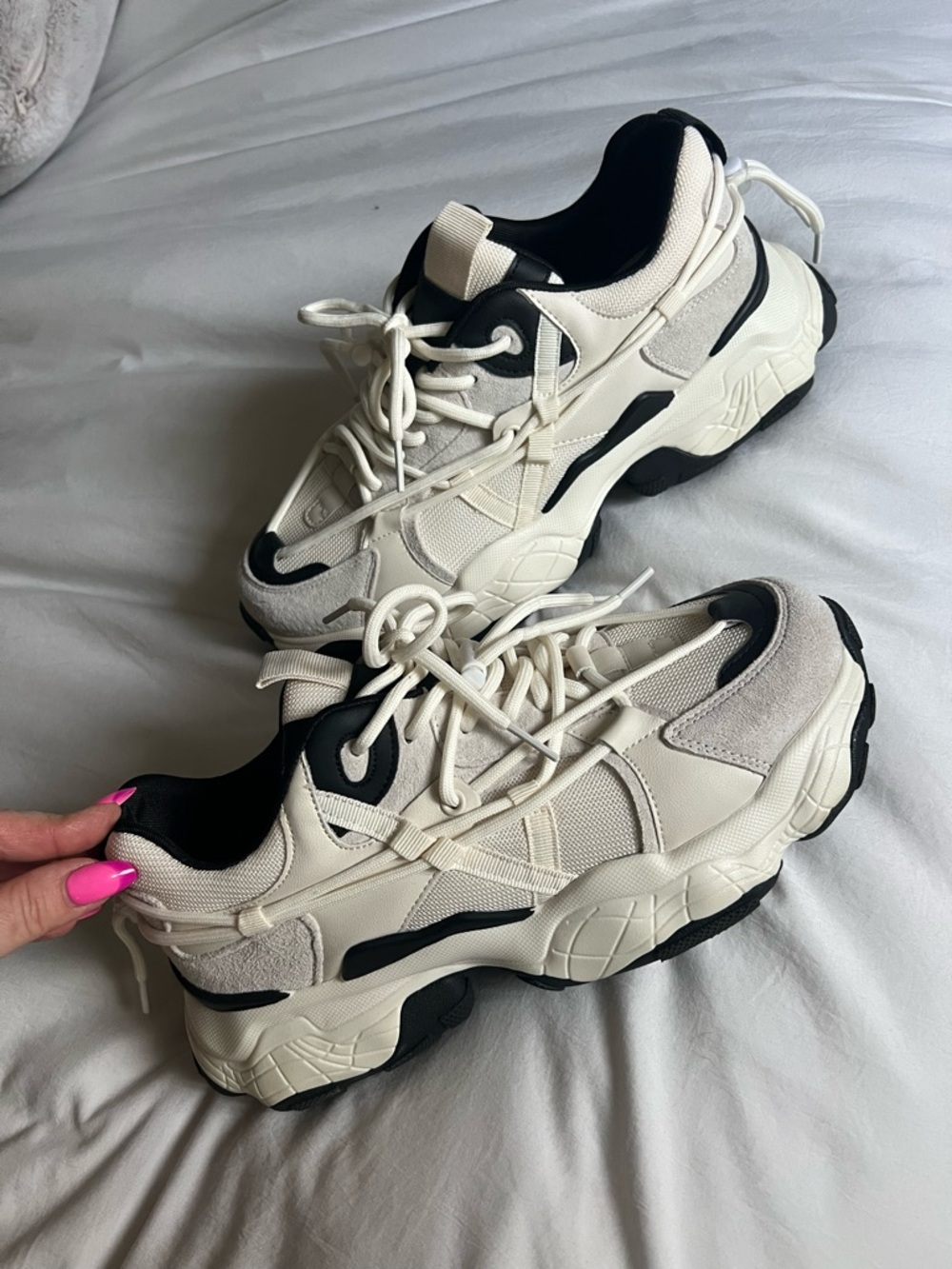 Women's Chunky Lace-Up Sneakers in Cream and Black